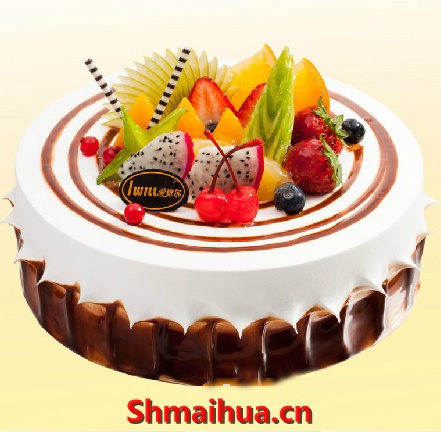 品味高雅-8寸/2磅 圆形水果蛋糕，圆环巧克力围边，时令水果装饰