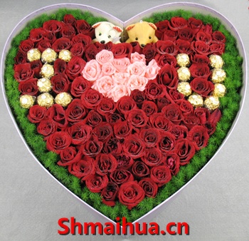 无暇的回忆-88枝红色玫瑰,11枝粉玫瑰,2个小熊,16颗巧克力,精美心型礼盒