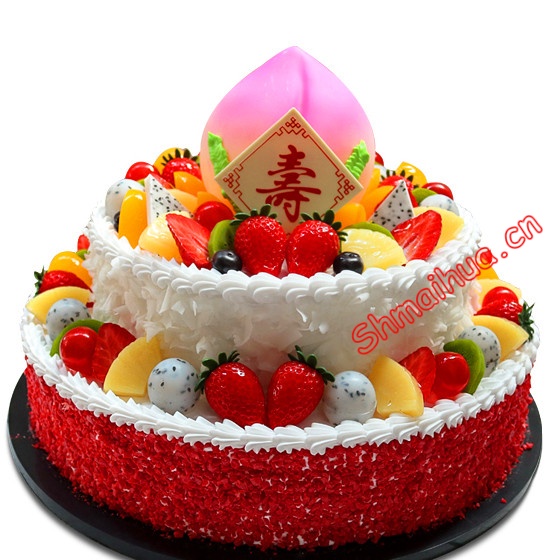 寿山福海-蟠桃贺寿（6寸+10寸+12寸）三层鲜奶水果蛋糕,上层做成蟠桃